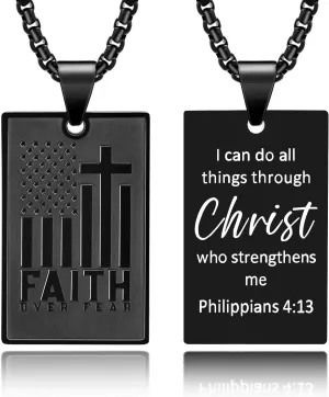 Saintda FAITH OVER FEAR Motto Tag Cross Necklace for Men USA Flag American Patriotic Stainless Steel Pendant Necklaces with 24inch Box Chain Bible Verse Christian Religious Jewelry Gift