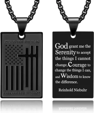 Saintda Motto Tag Necklace for Men USA Flag American Patriotic Stainless Steel Pendant Necklaces 24inch Box Chain Bible Verse Christian Religious Jewelry I STAND FOR THE FLAG AND KNEEL FOR THE CROSS