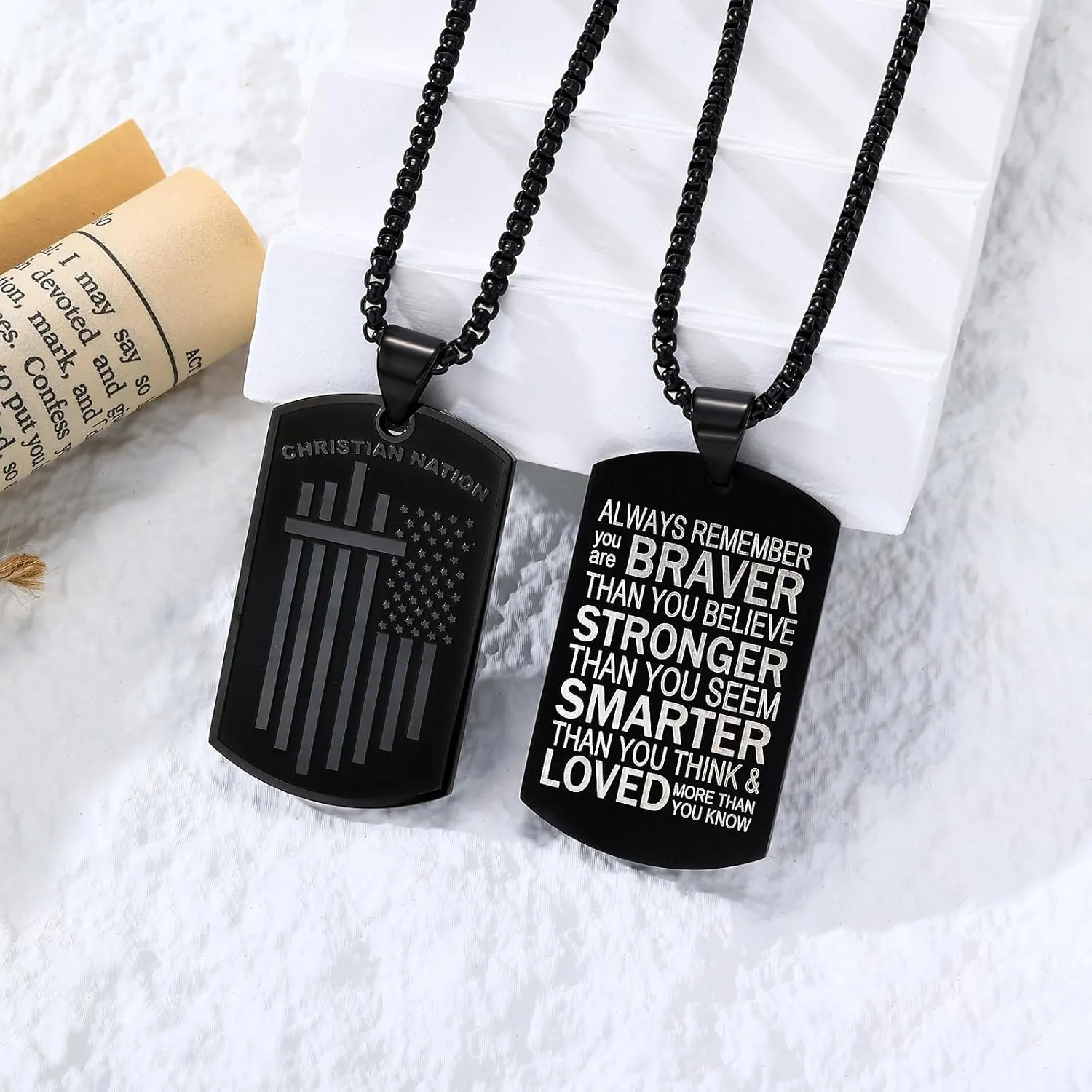 Saintda Tag Cross Necklace for Men CHRISTIAN NATION Motto USA Flag American Patriotic Stainless Steel Pendant Necklaces with 24inch Box Chain Bible Verse Christian Religious Jewelry Gift