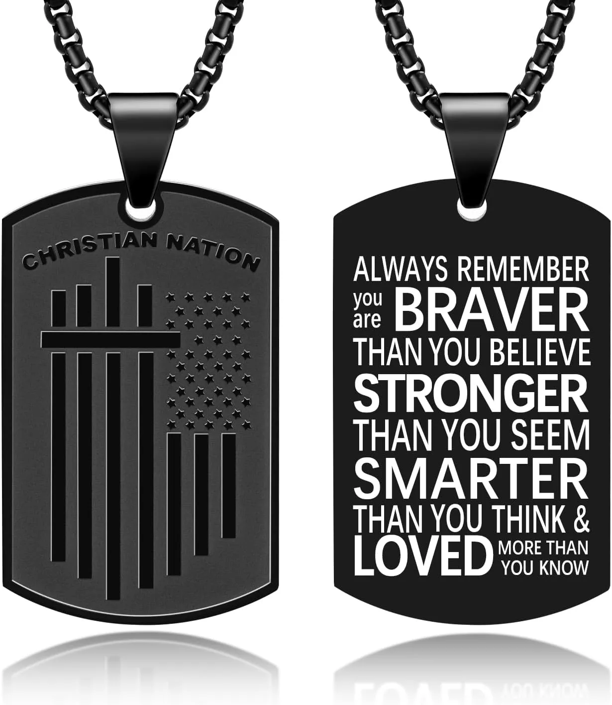 Saintda Tag Cross Necklace for Men CHRISTIAN NATION Motto USA Flag American Patriotic Stainless Steel Pendant Necklaces with 24inch Box Chain Bible Verse Christian Religious Jewelry Gift