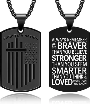 Saintda Tag Cross Necklace for Men CHRISTIAN NATION Motto USA Flag American Patriotic Stainless Steel Pendant Necklaces with 24inch Box Chain Bible Verse Christian Religious Jewelry Gift