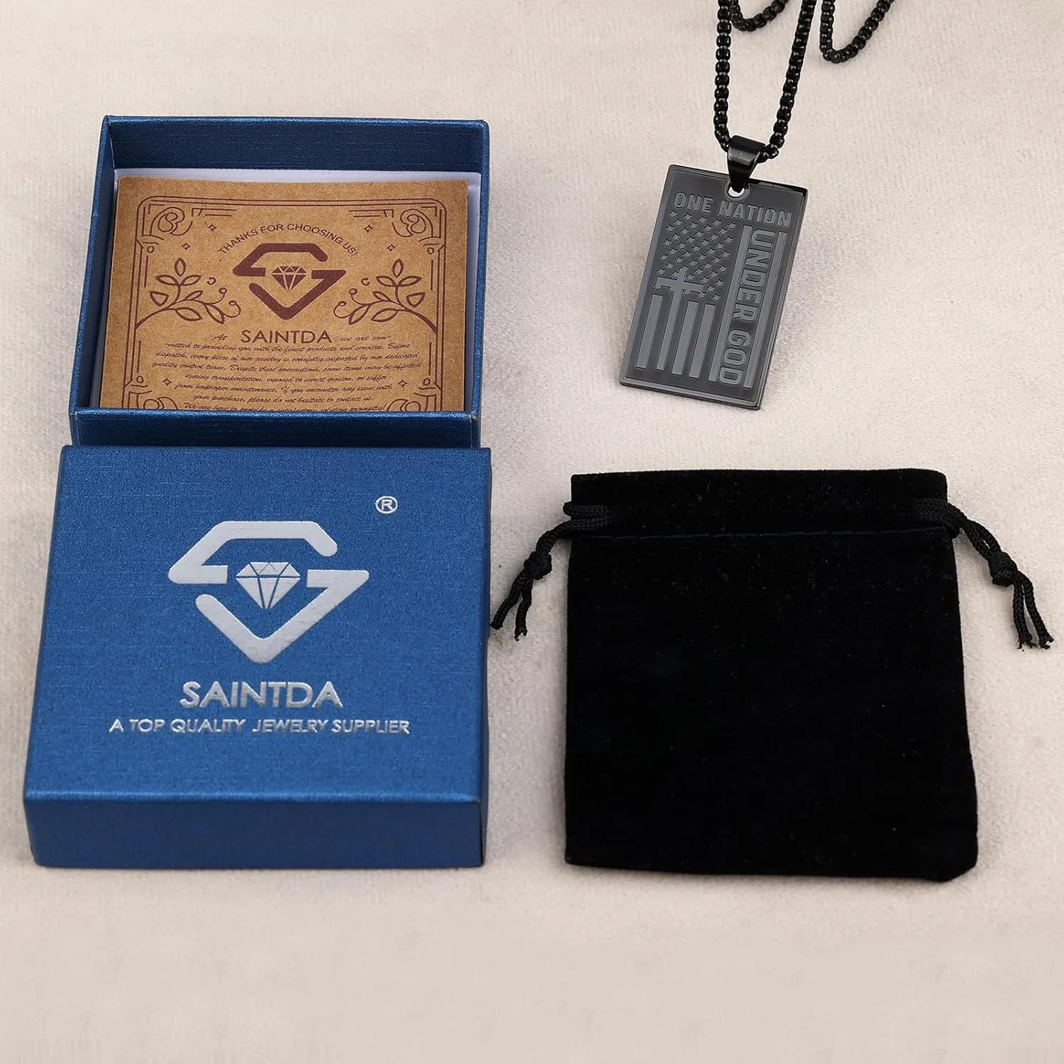 Saintda Tag Cross Necklace for Men ONE NATION UNDER GOD USA Flag American Patriotic Stainless Steel Pendant Necklaces with 24inch Box Chain Motto Bible Verse Christian Religious Jewelry Gift
