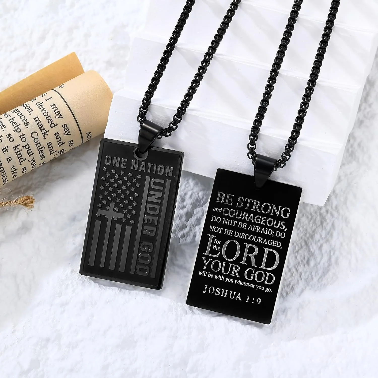 Saintda Tag Cross Necklace for Men ONE NATION UNDER GOD USA Flag American Patriotic Stainless Steel Pendant Necklaces with 24inch Box Chain Motto Bible Verse Christian Religious Jewelry Gift
