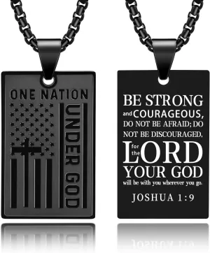 Saintda Tag Cross Necklace for Men ONE NATION UNDER GOD USA Flag American Patriotic Stainless Steel Pendant Necklaces with 24inch Box Chain Motto Bible Verse Christian Religious Jewelry Gift