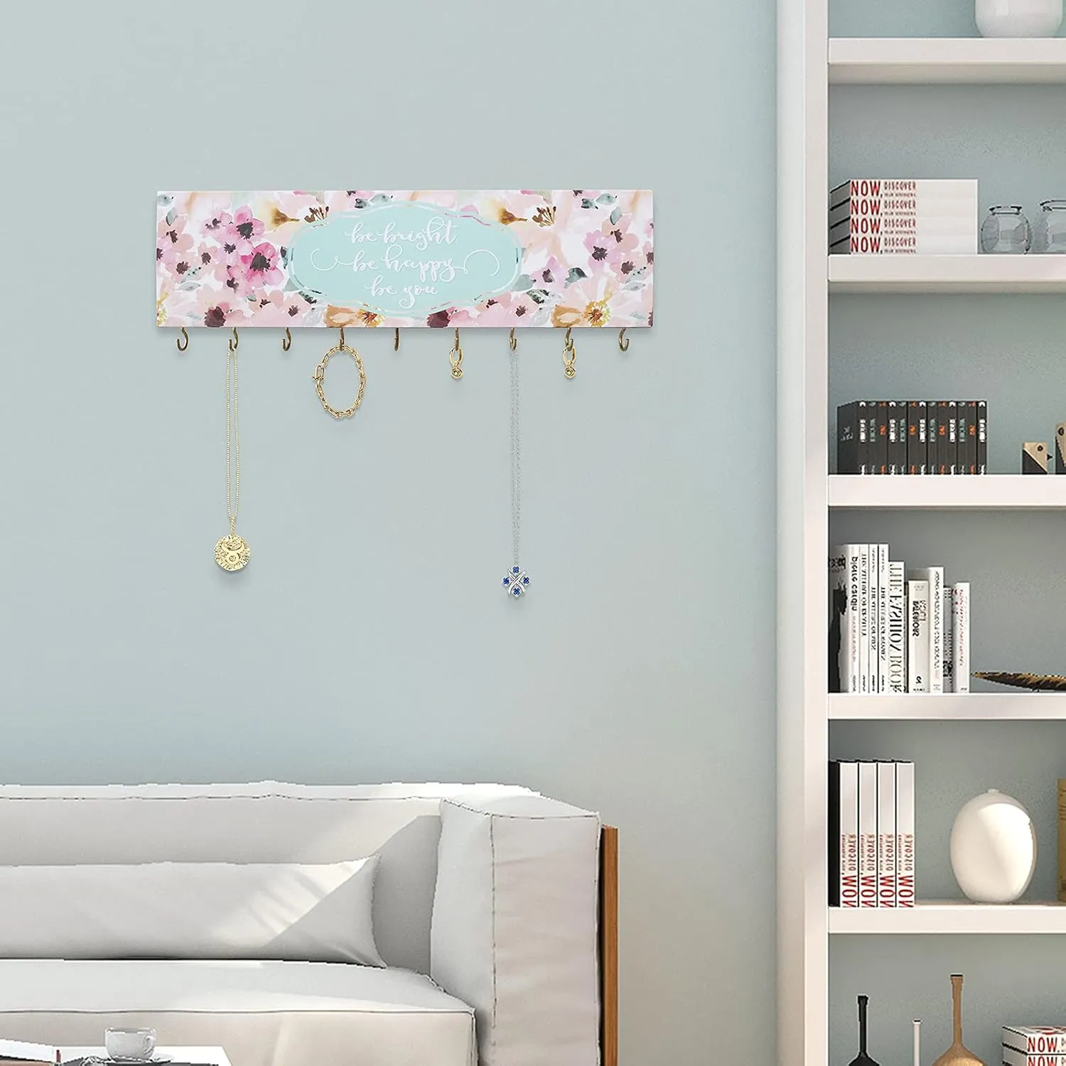 SANY DAYO HOME Be Bright Be Happy Be You Wall Mount Necklace Holder Organizer with 9 Jewelry Hooks for Ring, Hair Bow, Headband, Purse - Wall Decor for Girls Room