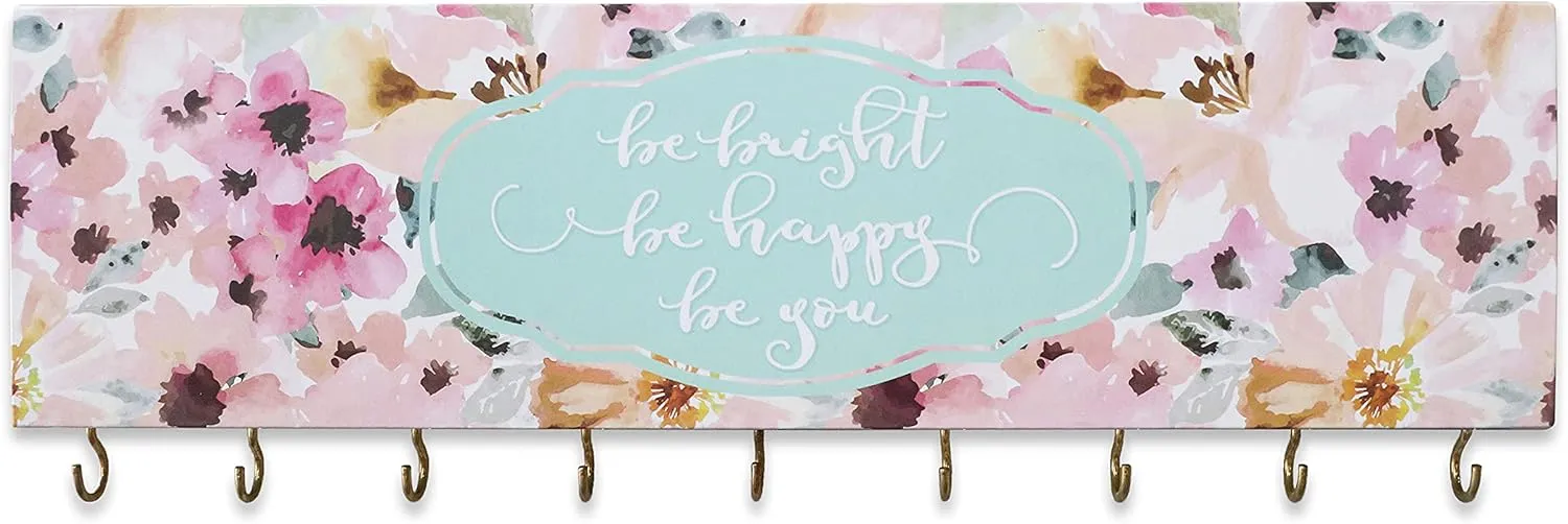 SANY DAYO HOME Be Bright Be Happy Be You Wall Mount Necklace Holder Organizer with 9 Jewelry Hooks for Ring, Hair Bow, Headband, Purse - Wall Decor for Girls Room