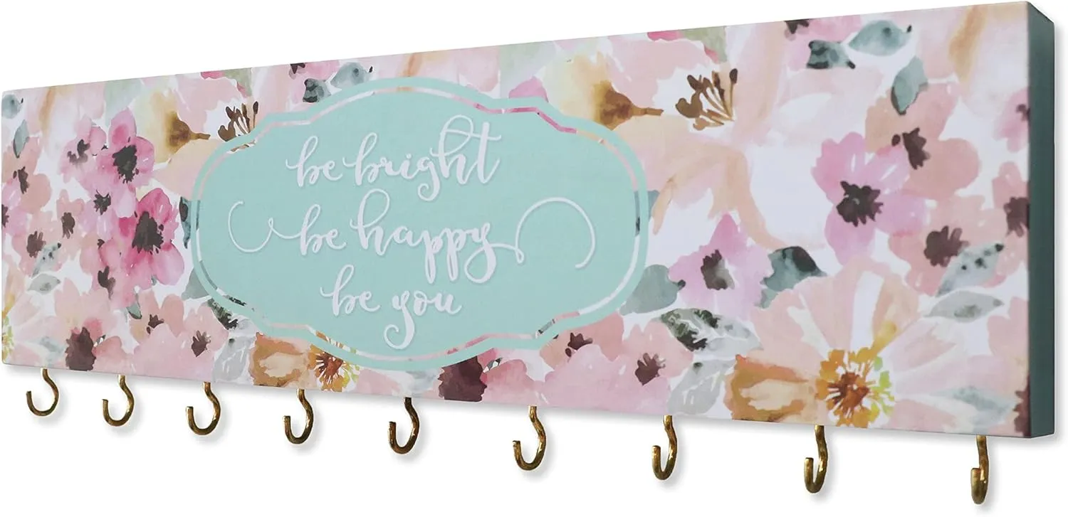 SANY DAYO HOME Be Bright Be Happy Be You Wall Mount Necklace Holder Organizer with 9 Jewelry Hooks for Ring, Hair Bow, Headband, Purse - Wall Decor for Girls Room