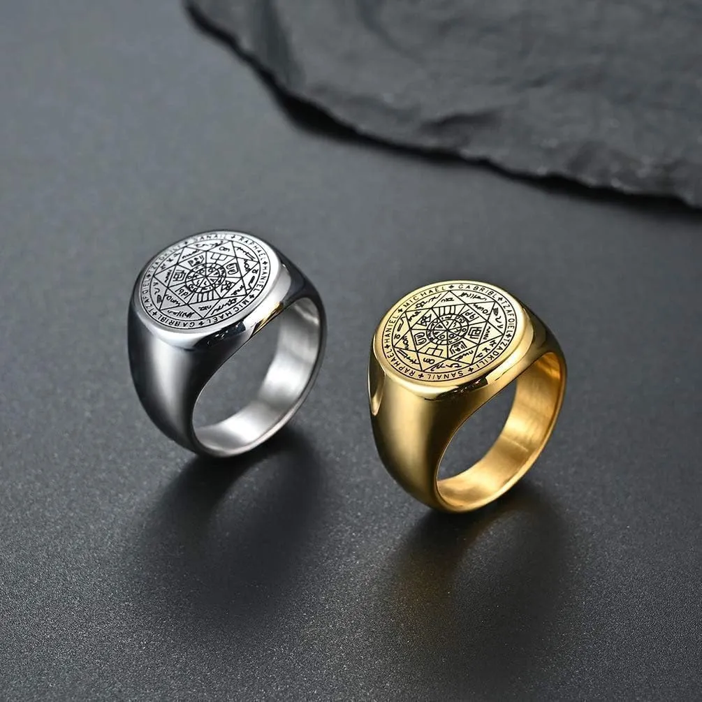 Seal of The Seven Archangels Ring for Men - Stainless Steel Solomon Tetragrammaton Protection Talisman Jewelry
