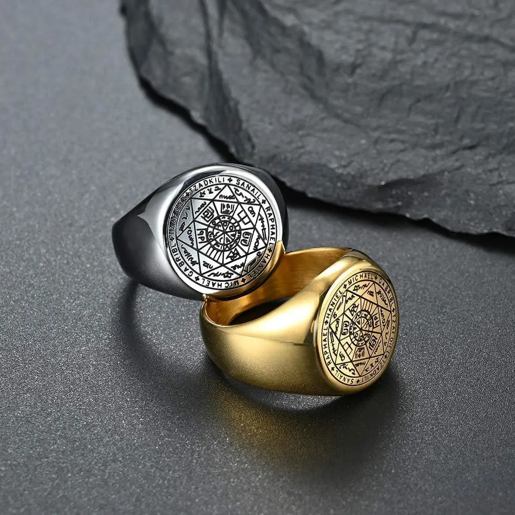 Seal of The Seven Archangels Ring for Men - Stainless Steel Solomon Tetragrammaton Protection Talisman Jewelry