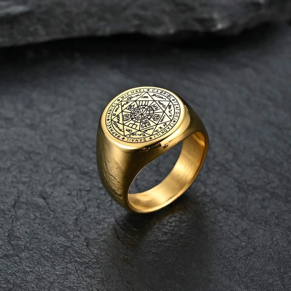 Seal of The Seven Archangels Ring for Men - Stainless Steel Solomon Tetragrammaton Protection Talisman Jewelry