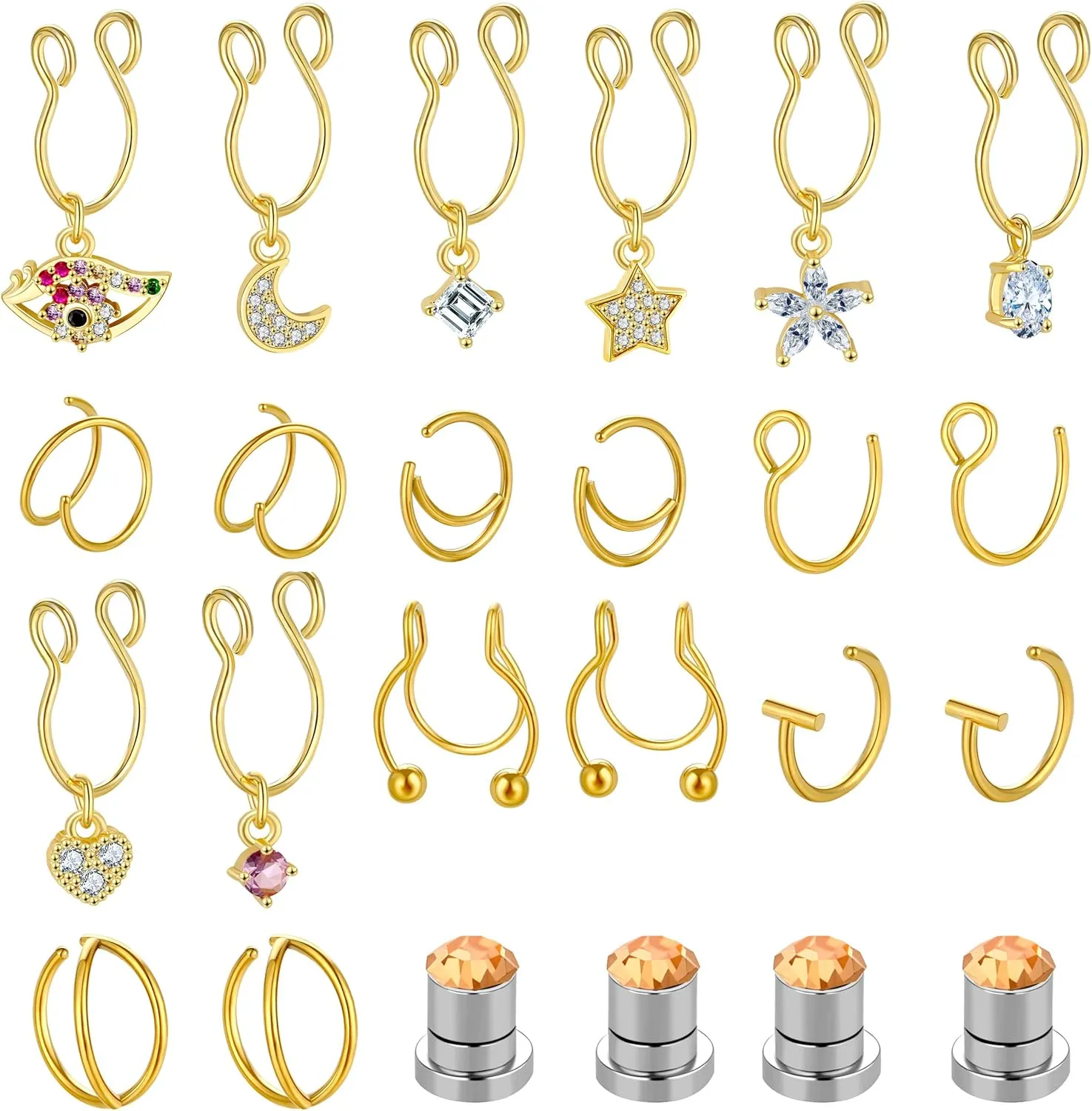 SENNI 24PCS Fake Nose Rings Hoops Ring Stainless Steel CZ Stainless Steel Fake Septum Fake Lip Rings Fake Nose Hoop Double Hoop Nose Ring Nose Ring Nose Cuffs Body Piercing Jewelry