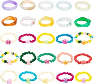 SENNI Acrylic Resin Colorful Plain Rings Seed Elastic beaded ring Butterfly flowers For Women Girls