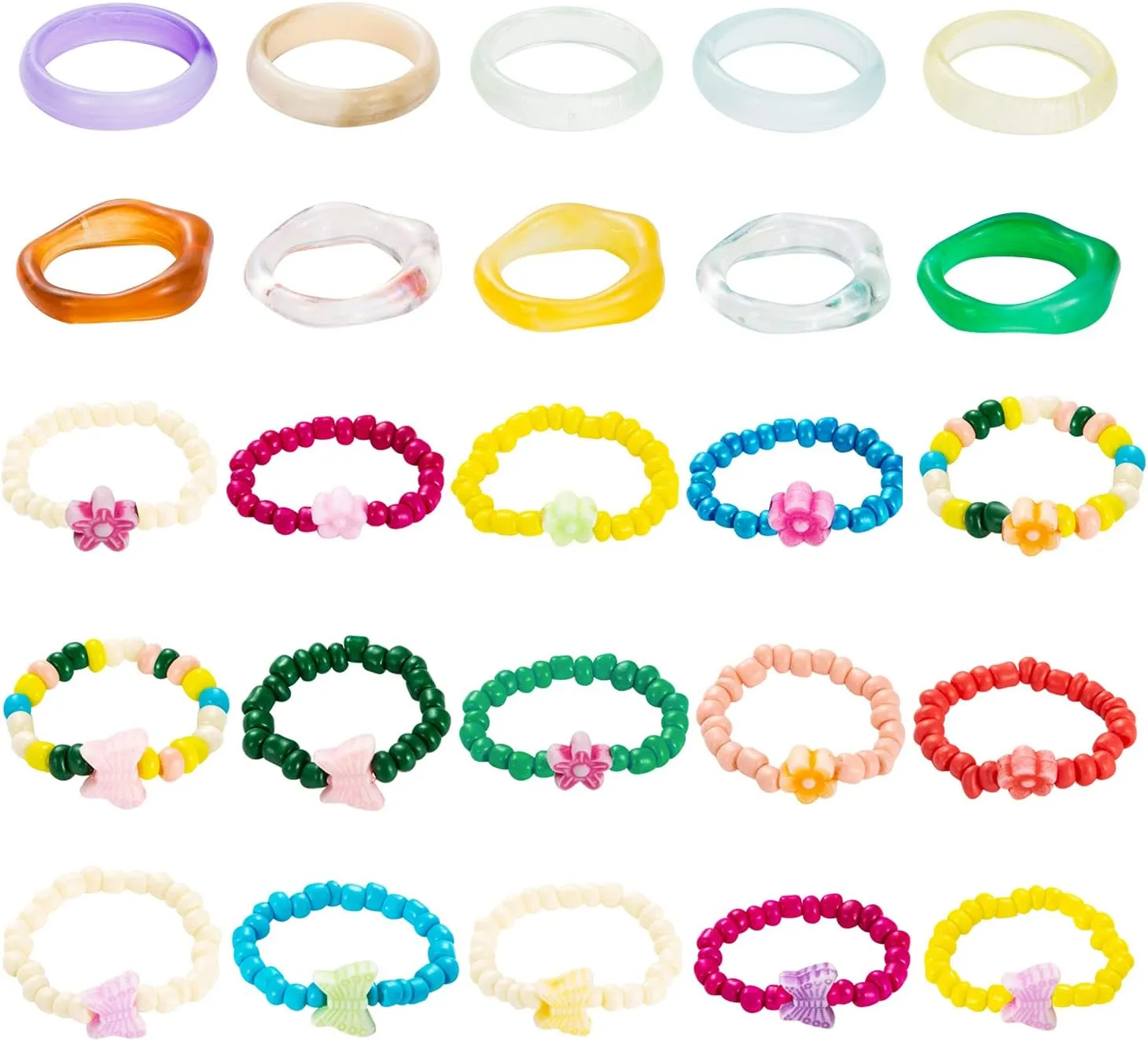 SENNI Acrylic Resin Colorful Plain Rings Seed Elastic beaded ring Butterfly flowers For Women Girls