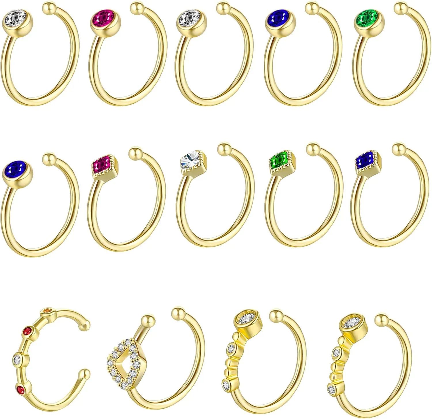 SENNI15PCS 14K Gold Ear Cuffs Fake Nose Ring Cubic Zirconia Non Piercing Adjustable Ear Cuff Earrings Clip On Cartilage Helix Wrap Bee Flower For Women Jewelry