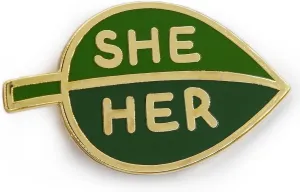 She Her Pronoun Brooch Button Non-Binary Badge Enamel Lapel Pin - Green Leaf NB Pride Genderqueer Gender Identity Pin