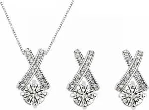Shiny Fashion Unique Crystal Rhinstone Pendant Chain Necklace Stud Earrings Jewelry Set for Women Lady Wife Wedding Birthday Anniversary Party Prom Gifts