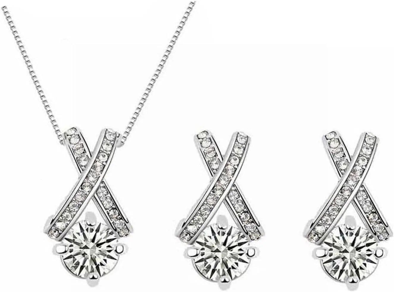 Shiny Fashion Unique Crystal Rhinstone Pendant Chain Necklace Stud Earrings Jewelry Set for Women Lady Wife Wedding Birthday Anniversary Party Prom Gifts