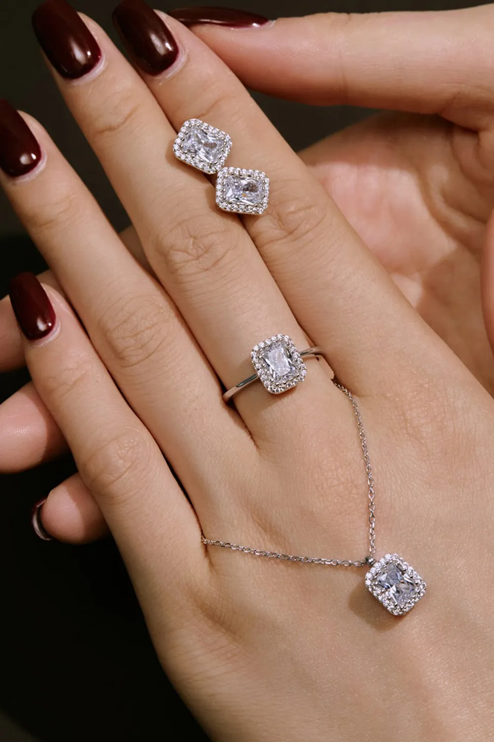 Shiny Rectangle Zircon Engagement Ring Sterling Silver