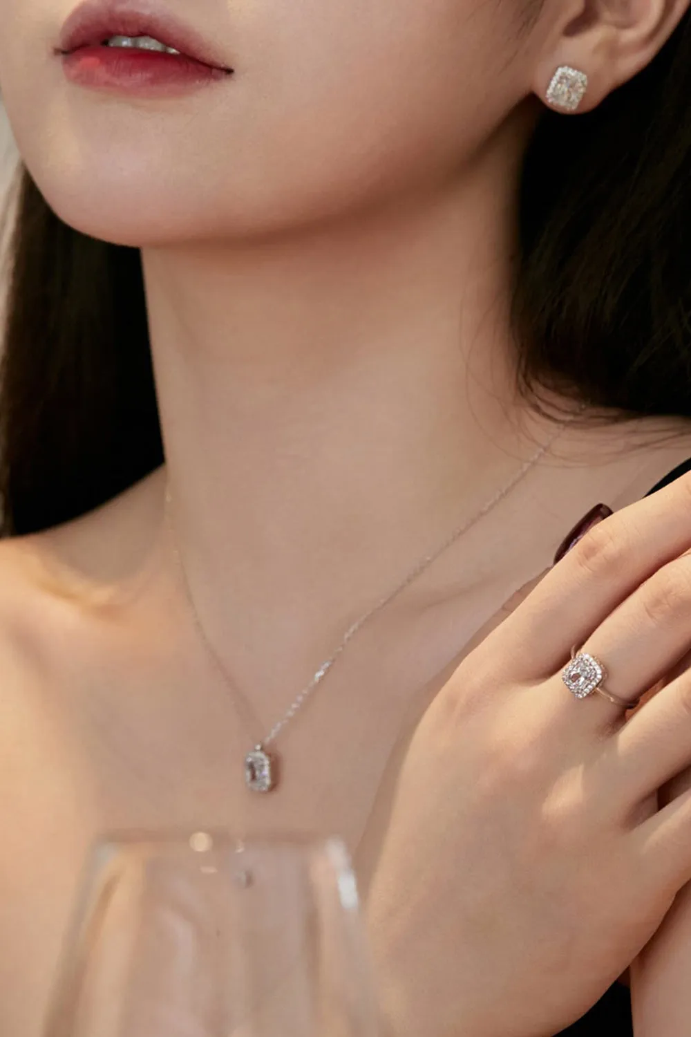 Shiny Rectangle Zircon Engagement Ring Sterling Silver