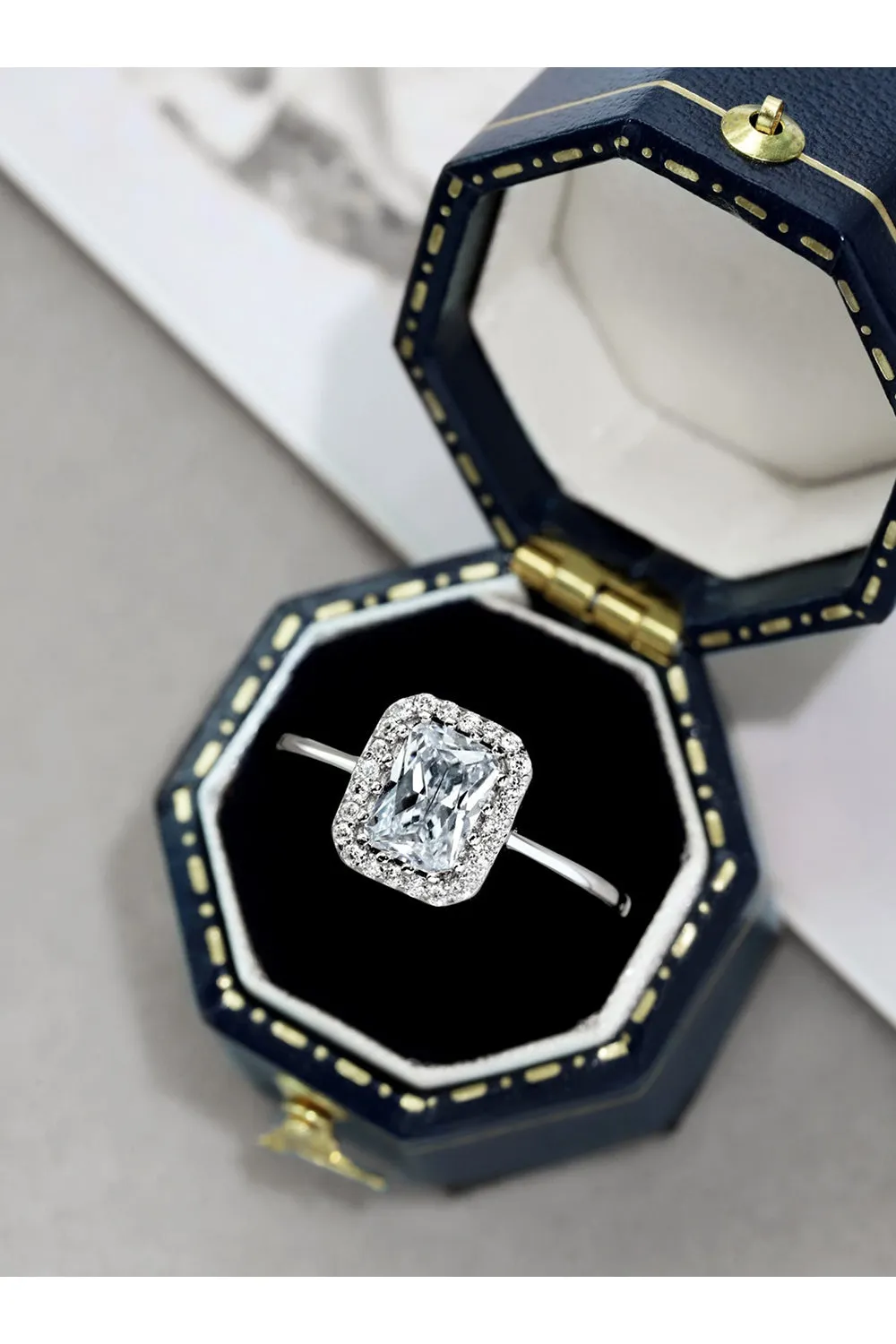Shiny Rectangle Zircon Engagement Ring Sterling Silver