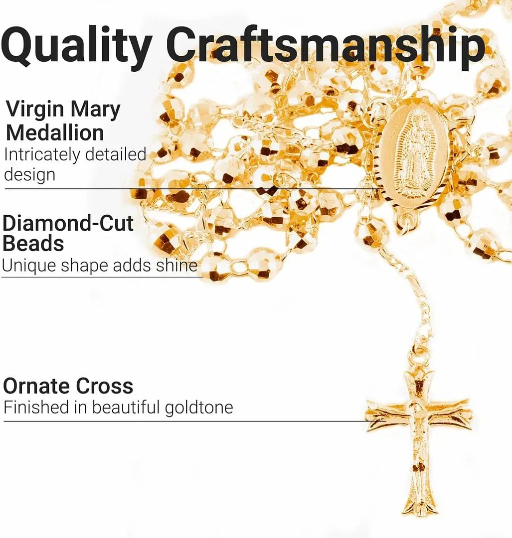SHOP LC DELIVERING JOY Rosary Necklace - Lariat Cross Necklace in Goldtone - Fashion Rosary Bead Necklaces - 26" Chain Length Catholic Faith Christian Religious Birthday Jewelry Birthday Gifts for Women