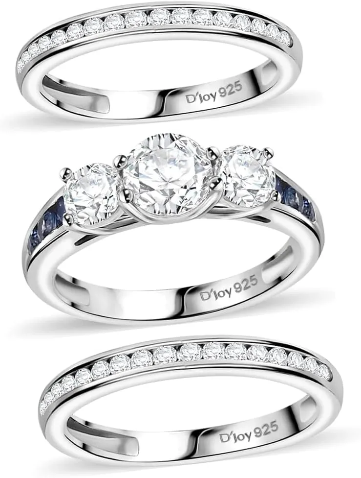 SHOP LC DELIVERING JOY Set of 3 Moissanite Blue Sapphire Rhodium Plated 925 Sterling Silver Stackable Ring for Women Jewelry Gifts Size 5 Ct 1.9 Birthday Gifts