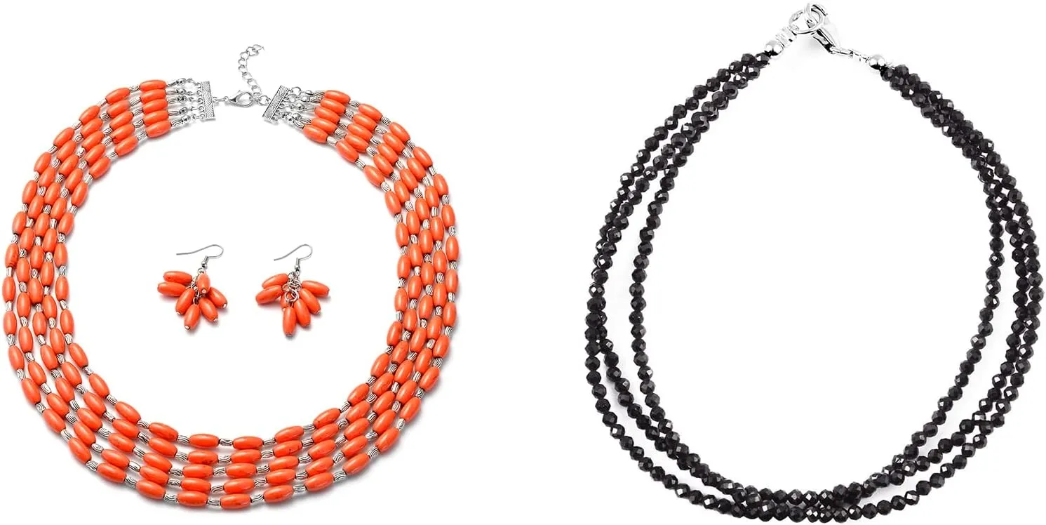 Shop LC Multi Strand Black Spinel Bead Bracelet and Howlite Platinum Plated Earrings with Necklace Jewelry Sets Gifts for Women