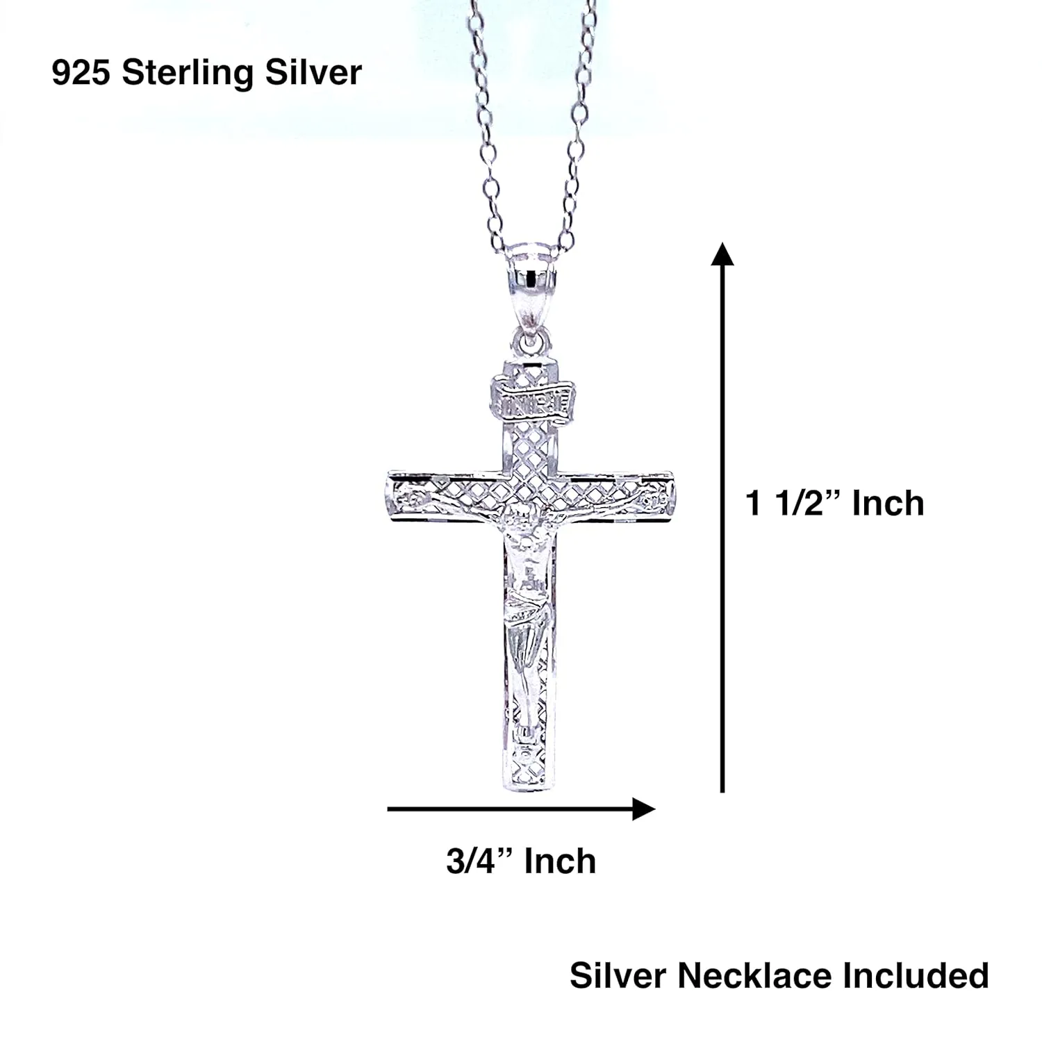 Silver Jesus Cross Pendant Necklace - 925 Sterling Silver - Silver Adjustable Necklace 16"-18" (Style 1)