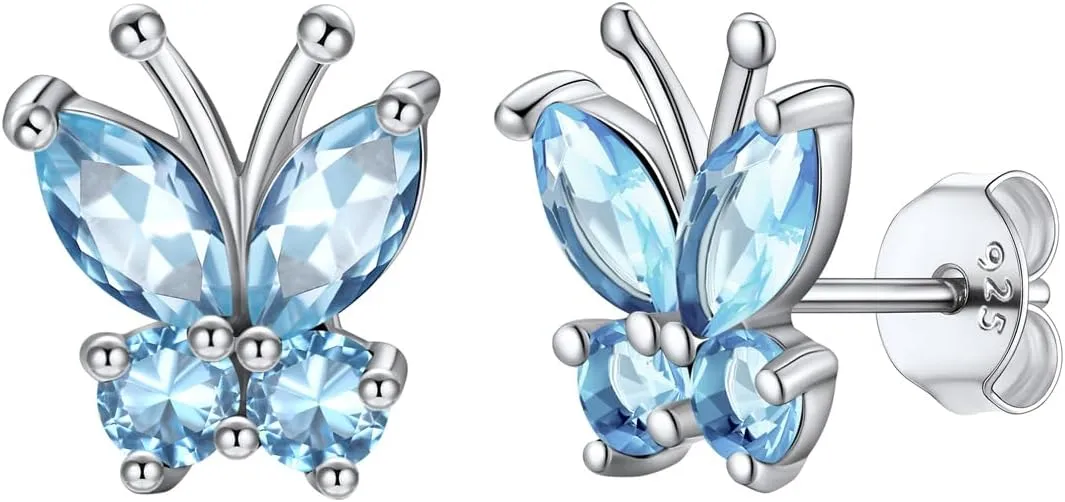 SILVERCUTE Butterfly Earrings Necklace Ring, 925 Sterling Silver Cute Ear Cuffs/Stackable Rings/Stud Earrings for Women Teen Girls -Stunning CZ Birthstone Butterfly Jewelry Gift with Box