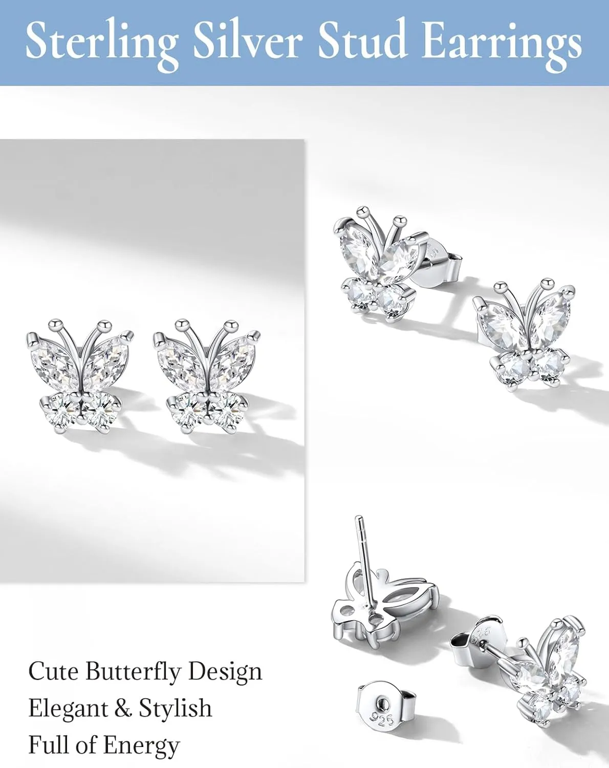 SILVERCUTE Butterfly Earrings Necklace Ring, 925 Sterling Silver Cute Ear Cuffs/Stackable Rings/Stud Earrings for Women Teen Girls -Stunning CZ Birthstone Butterfly Jewelry Gift with Box
