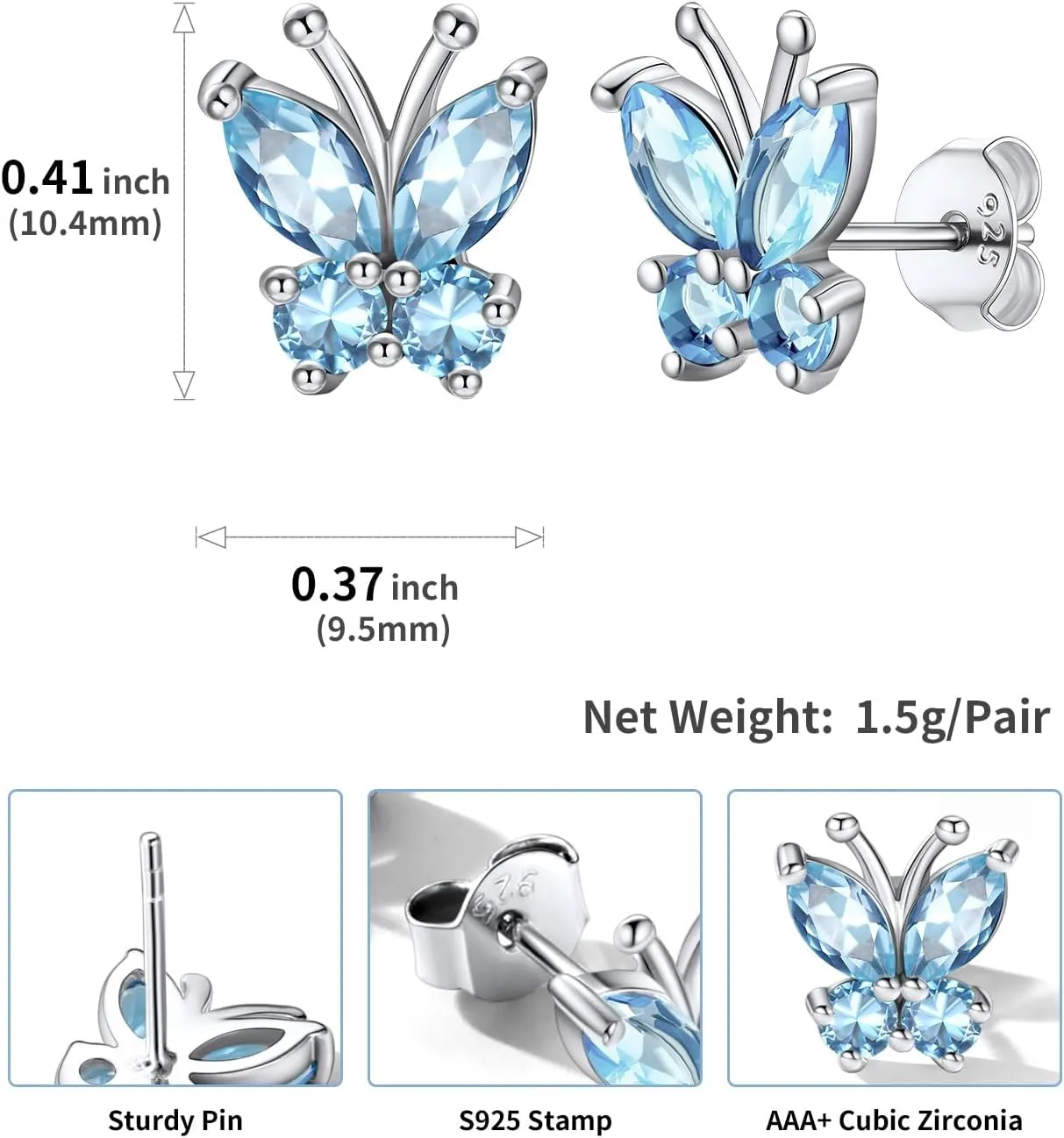 SILVERCUTE Butterfly Earrings Necklace Ring, 925 Sterling Silver Cute Ear Cuffs/Stackable Rings/Stud Earrings for Women Teen Girls -Stunning CZ Birthstone Butterfly Jewelry Gift with Box