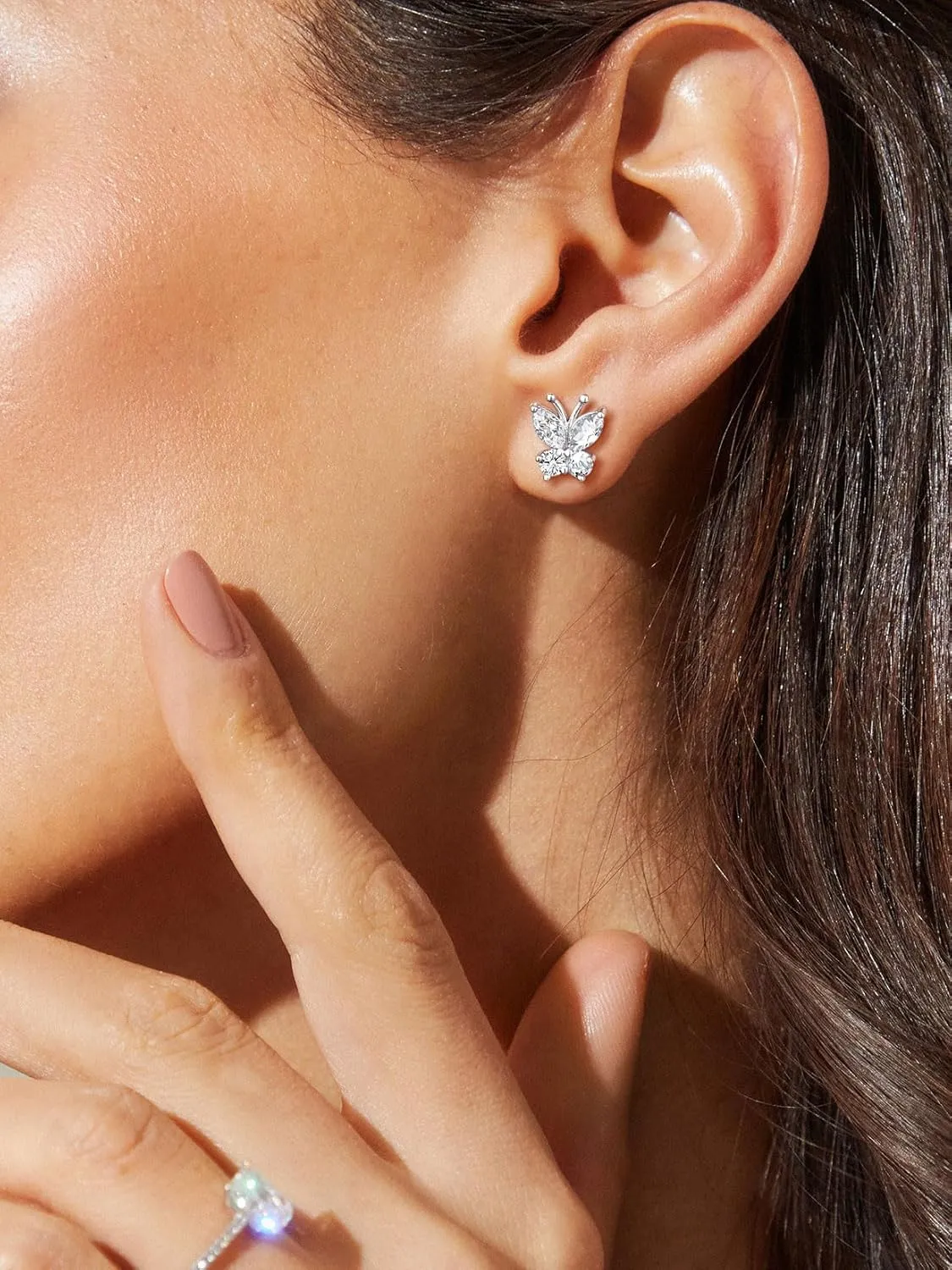 SILVERCUTE Butterfly Earrings Necklace Ring, 925 Sterling Silver Cute Ear Cuffs/Stackable Rings/Stud Earrings for Women Teen Girls -Stunning CZ Birthstone Butterfly Jewelry Gift with Box