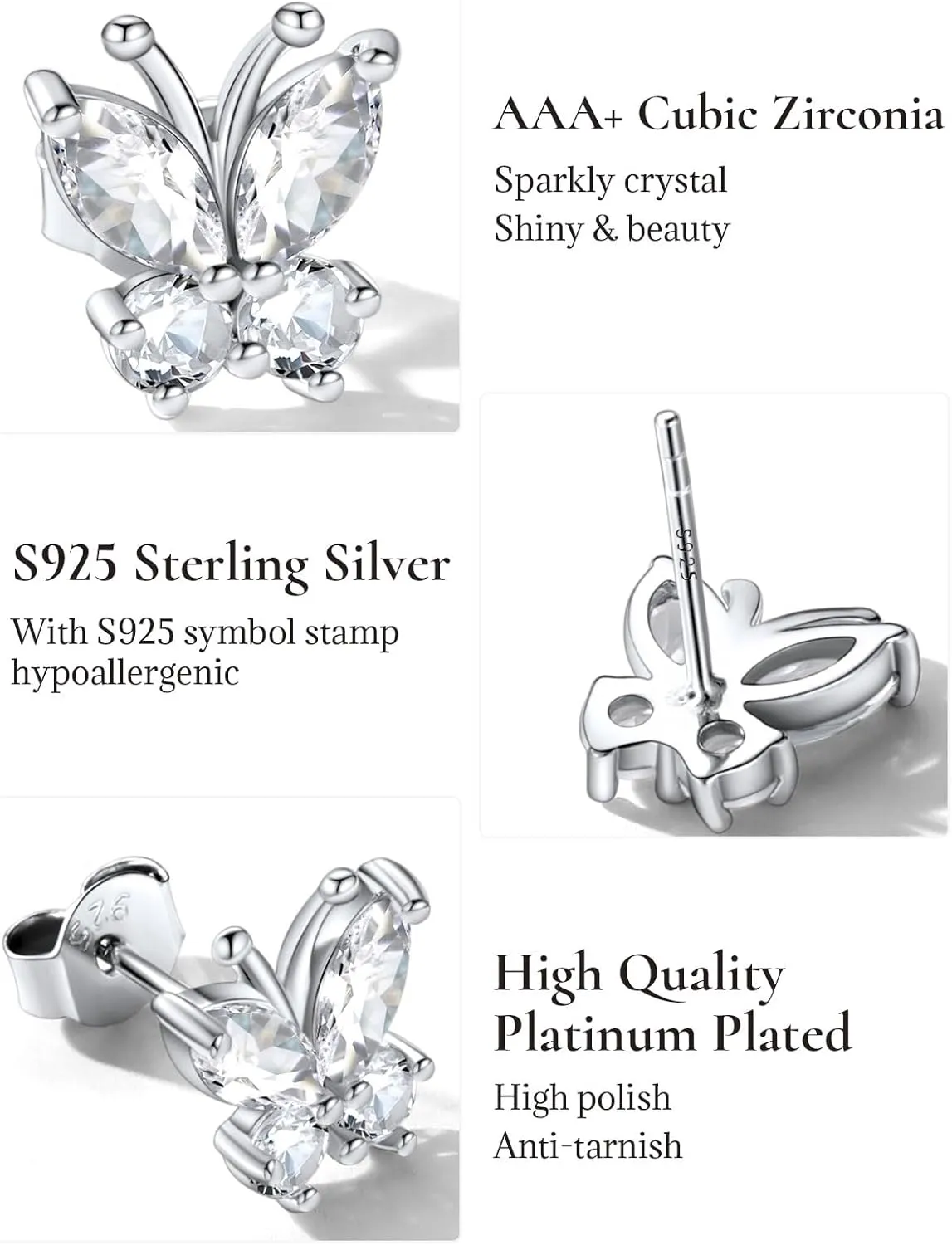 SILVERCUTE Butterfly Earrings Necklace Ring, 925 Sterling Silver Cute Ear Cuffs/Stackable Rings/Stud Earrings for Women Teen Girls -Stunning CZ Birthstone Butterfly Jewelry Gift with Box