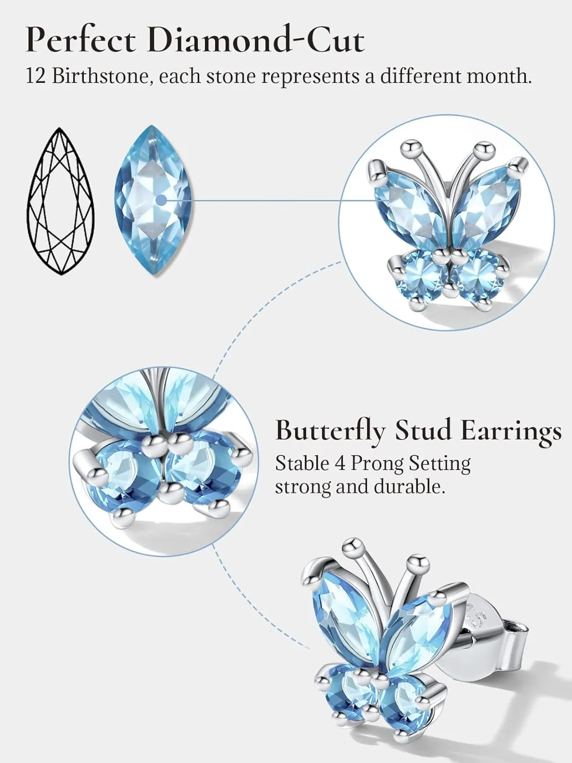 SILVERCUTE Butterfly Earrings Necklace Ring, 925 Sterling Silver Cute Ear Cuffs/Stackable Rings/Stud Earrings for Women Teen Girls -Stunning CZ Birthstone Butterfly Jewelry Gift with Box