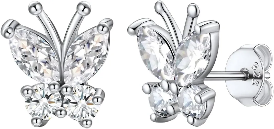 SILVERCUTE Butterfly Earrings Necklace Ring, 925 Sterling Silver Cute Ear Cuffs/Stackable Rings/Stud Earrings for Women Teen Girls -Stunning CZ Birthstone Butterfly Jewelry Gift with Box