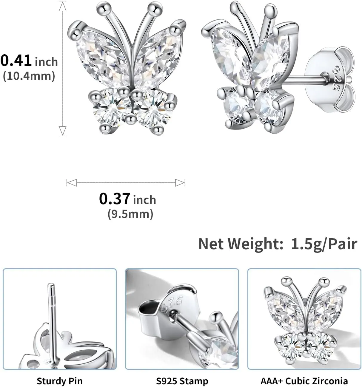 SILVERCUTE Butterfly Earrings Necklace Ring, 925 Sterling Silver Cute Ear Cuffs/Stackable Rings/Stud Earrings for Women Teen Girls -Stunning CZ Birthstone Butterfly Jewelry Gift with Box