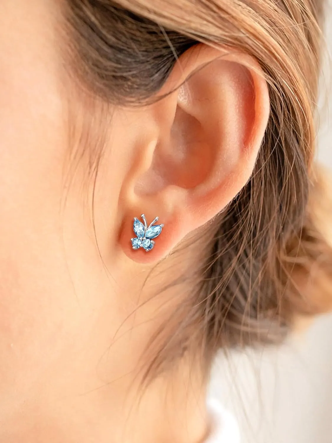 SILVERCUTE Butterfly Earrings Necklace Ring, 925 Sterling Silver Cute Ear Cuffs/Stackable Rings/Stud Earrings for Women Teen Girls -Stunning CZ Birthstone Butterfly Jewelry Gift with Box