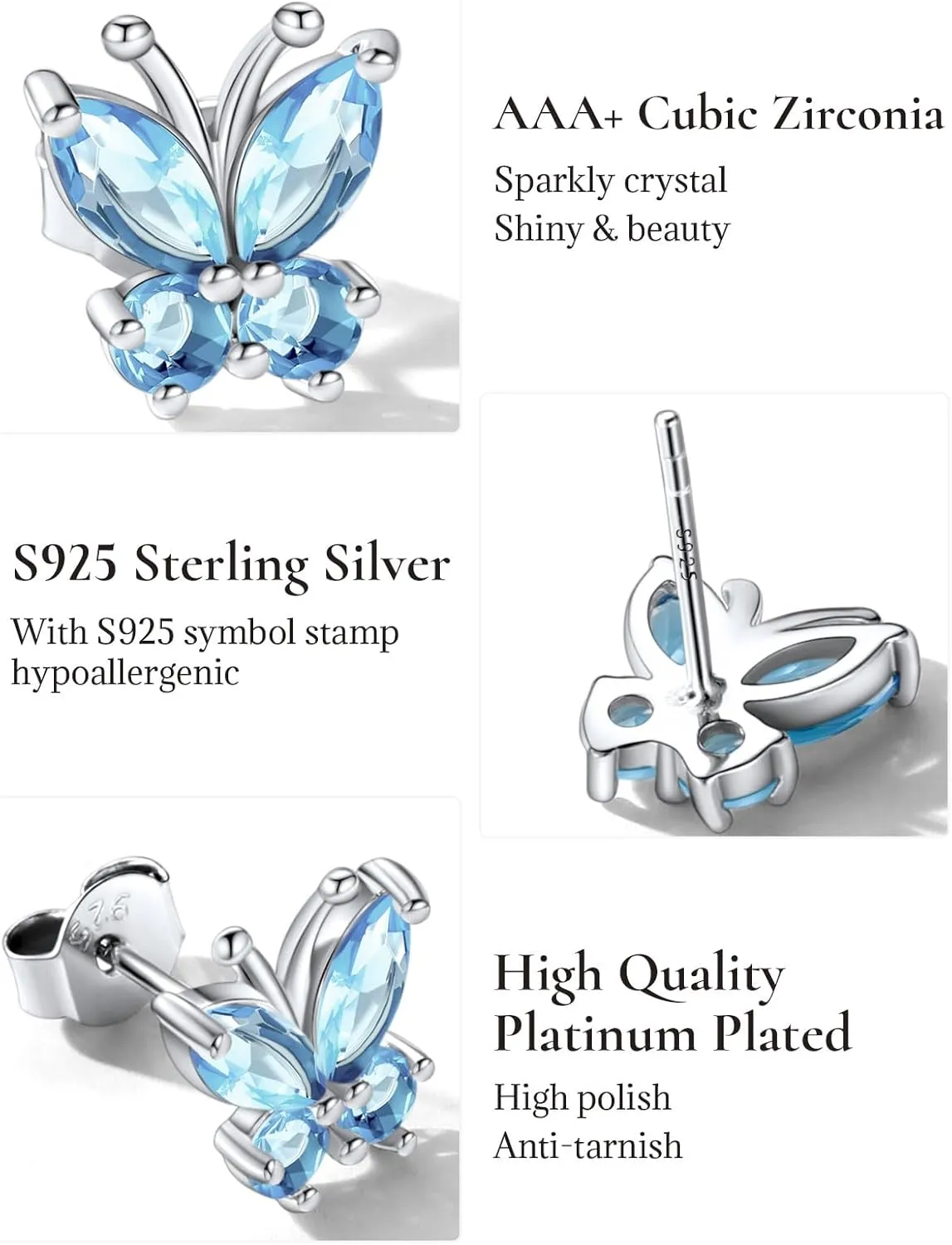SILVERCUTE Butterfly Earrings Necklace Ring, 925 Sterling Silver Cute Ear Cuffs/Stackable Rings/Stud Earrings for Women Teen Girls -Stunning CZ Birthstone Butterfly Jewelry Gift with Box