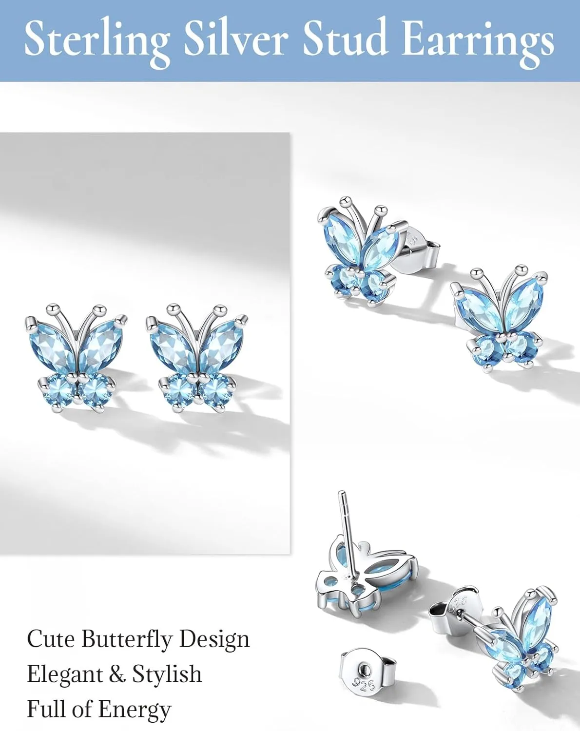 SILVERCUTE Butterfly Earrings Necklace Ring, 925 Sterling Silver Cute Ear Cuffs/Stackable Rings/Stud Earrings for Women Teen Girls -Stunning CZ Birthstone Butterfly Jewelry Gift with Box