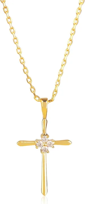 Simple Cross Necklace for Women 18K Gold Plated Cross Pendant with Zircon Four Stone Studded Centre | Lightweight Adjustable 18K Gold Plated Chain included