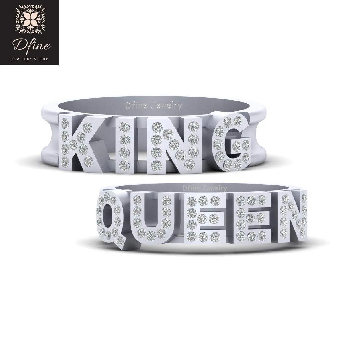 Simulated Diamond Matching King and Queen Couple Bands Sterling Silver King and Queen Rings