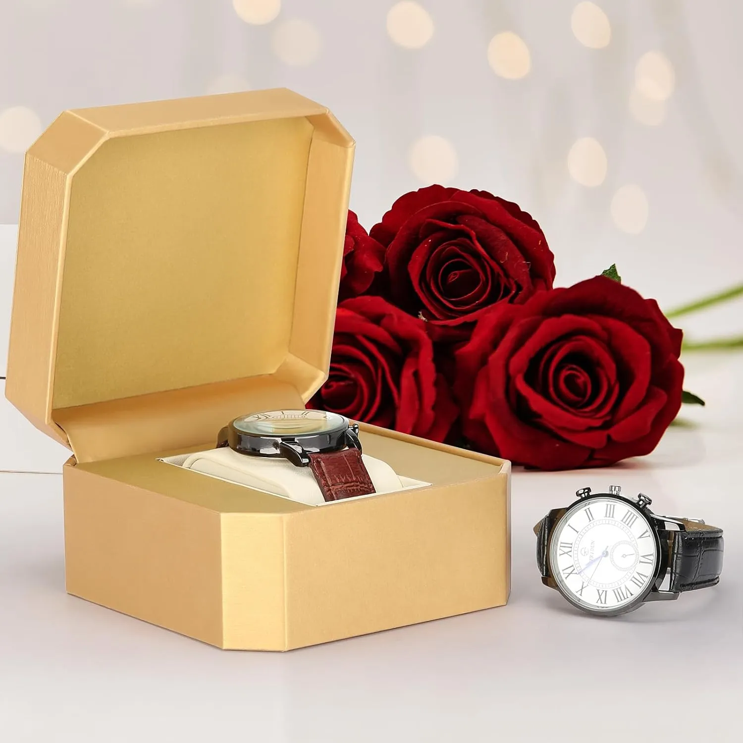 Single Watch Gift Box for Men Women, PU Leather Watch Case with Removable Soft Pillow, Wristwatch Travel Storage Display Holder Boxe (Gold)