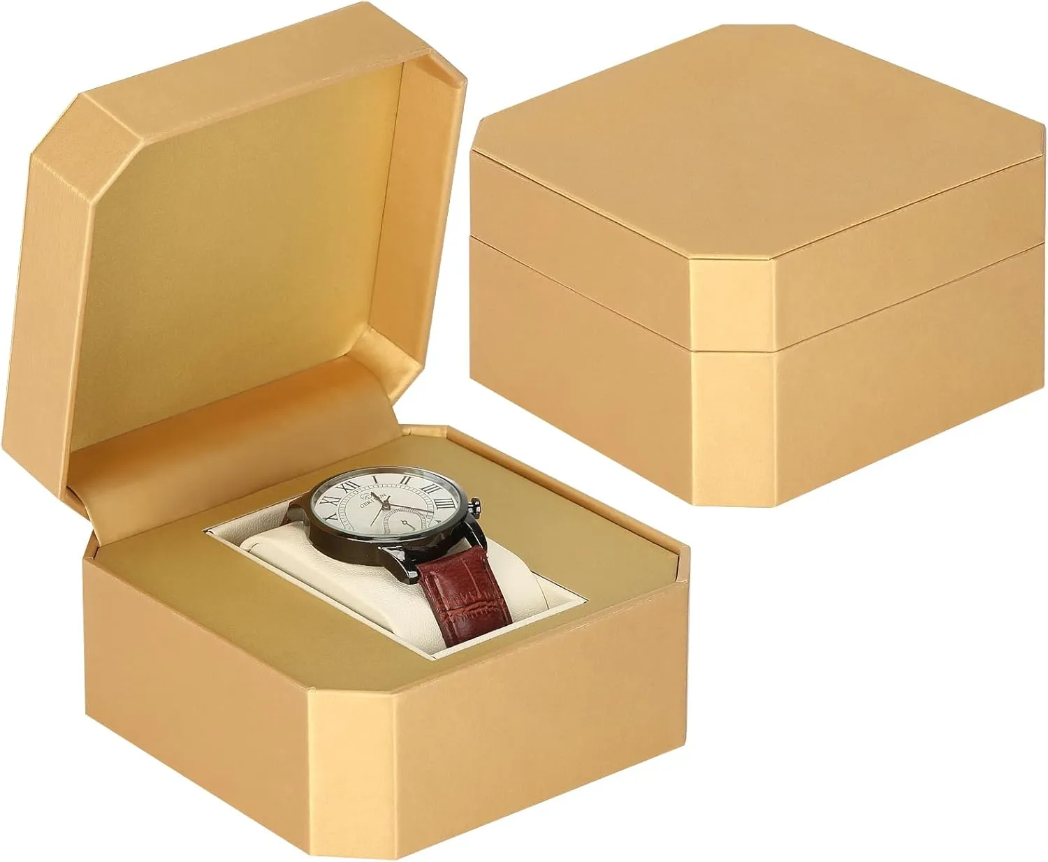 Single Watch Gift Box for Men Women, PU Leather Watch Case with Removable Soft Pillow, Wristwatch Travel Storage Display Holder Boxe (Gold)