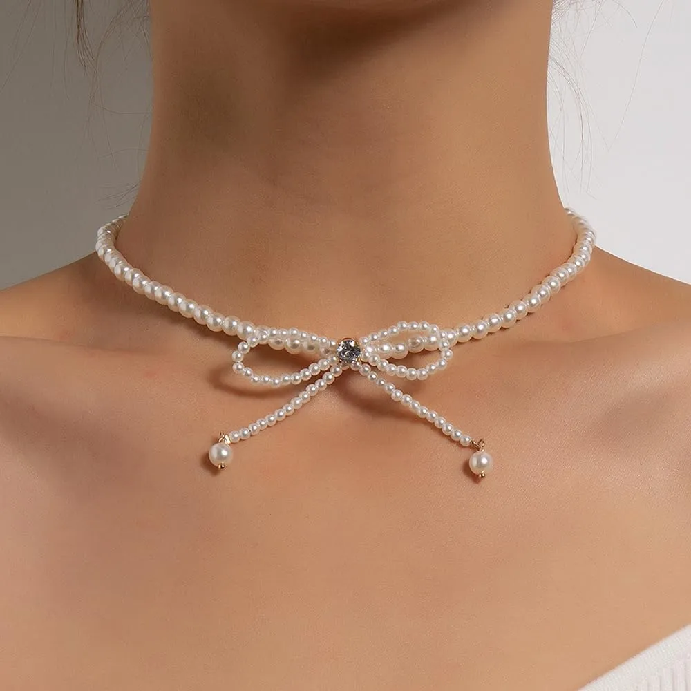 Sither Pearls Bow Choker Necklace for Women Boho Beaded Chain Necklace Fashion Jewelry for Halloween Party Christmas Gift