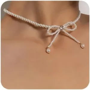 Sither Pearls Bow Choker Necklace for Women Boho Beaded Chain Necklace Fashion Jewelry for Halloween Party Christmas Gift