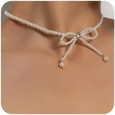 Sither Pearls Bow Choker Necklace for Women Boho Beaded Chain Necklace Fashion Jewelry for Halloween Party Christmas Gift
