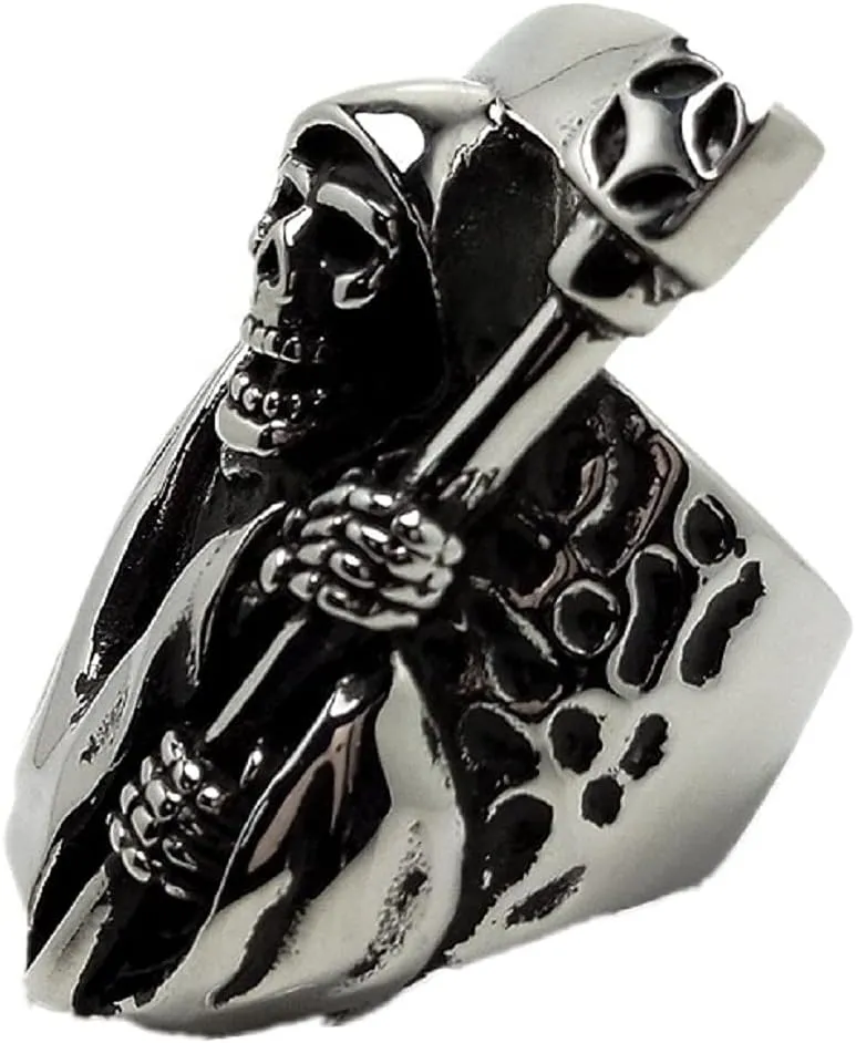 Skull Sickle Ring,Gothic Skull Sickle Ring for Men, Stainless Steel Punk Skull Biker Ring Vintage Hip Hop Skull Head Ring for Men, Gothic Punk Rock Skull Sickle Jewelry