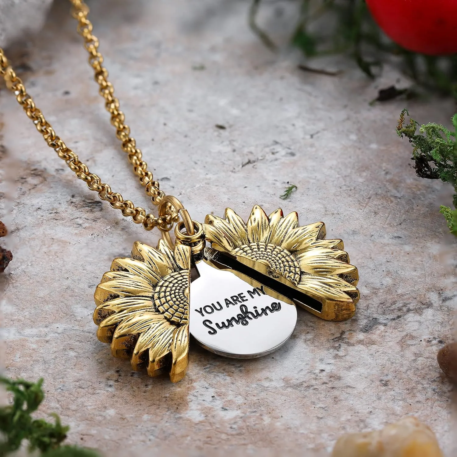 SLOONG You Are My Sunshine Engraved Necklace Inspirational Sunflower Locket Necklace Jewelry Mother's Day Gift for Women Girlfriend