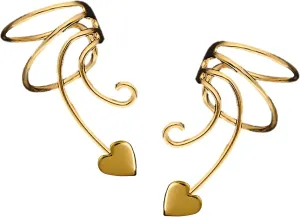 Small Heart Pair Non-pierced Wave Ear Cuff Earring Wrap Clips Gold On 925 Sterling