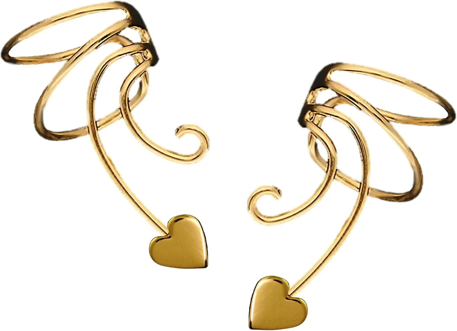 Small Heart Pair Non-pierced Wave Ear Cuff Earring Wrap Clips Gold On 925 Sterling